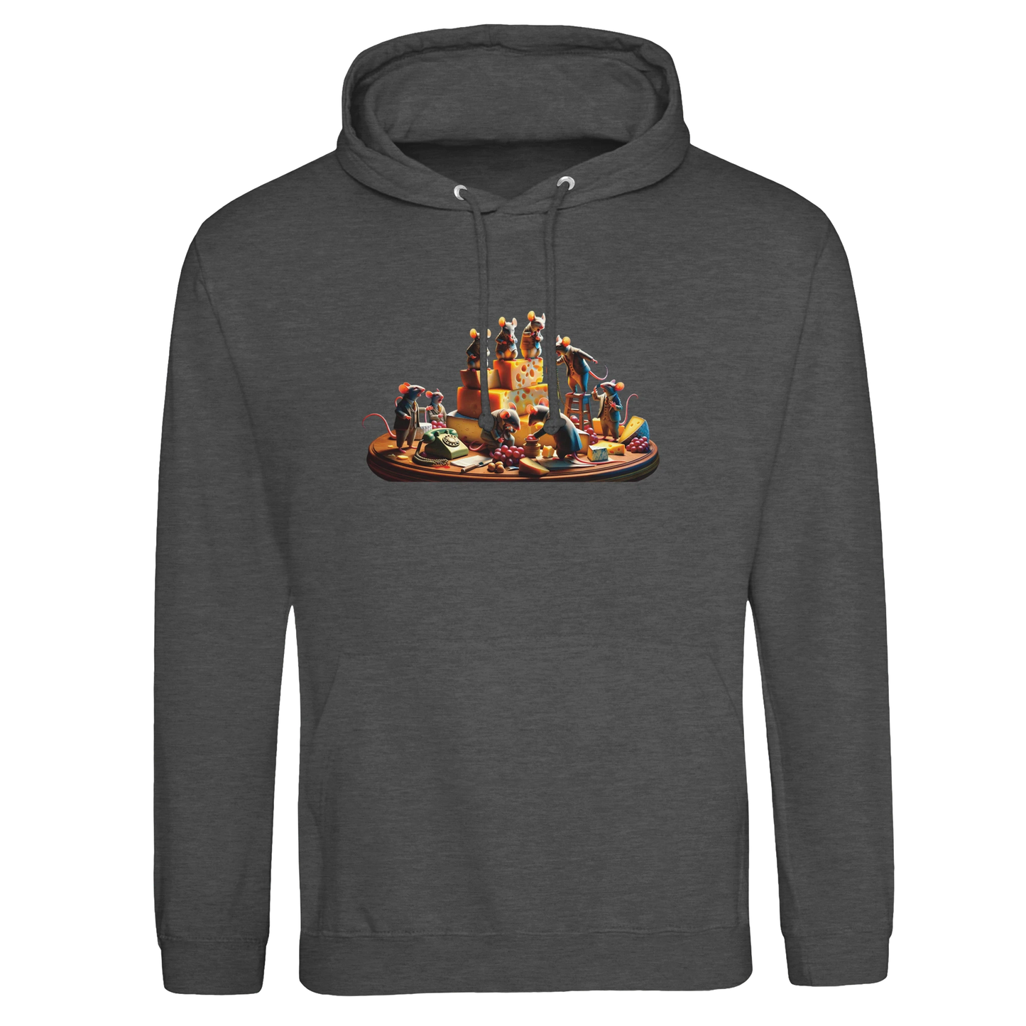 Gray hoodie with Mouse Feast design from Boardroom Brie-down Rodents in Revolt collection