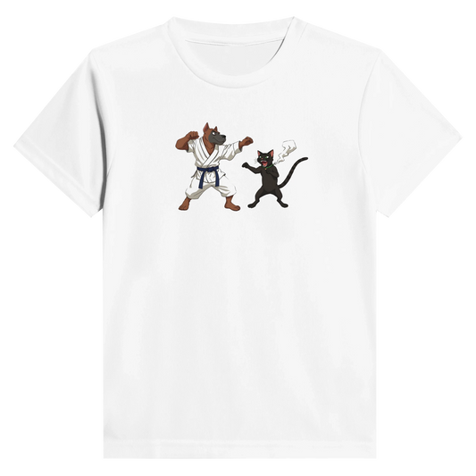 White kids’ crewneck t-shirt featuring dog and cat karate illustration from Paws of Fury