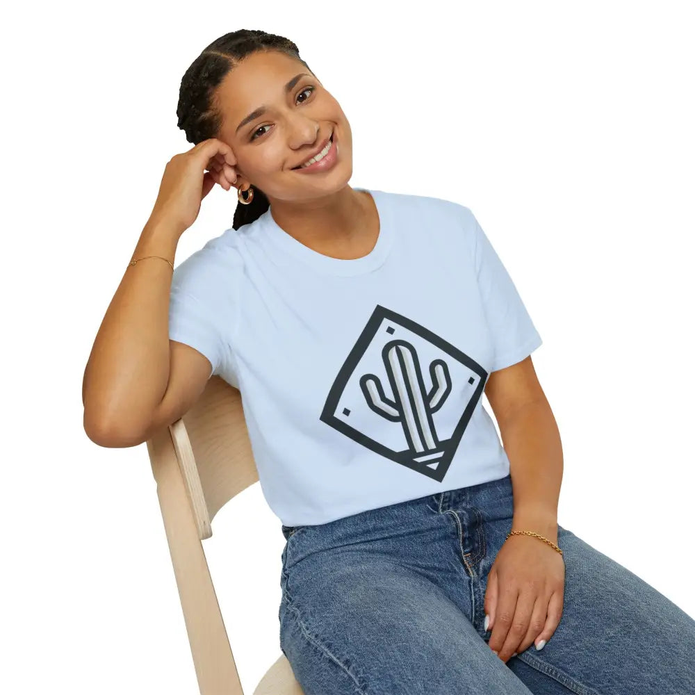 Smiling woman with dark braids wearing light blue cactus graphic T-shirt made from ring-spun cotton for ultimate comfort