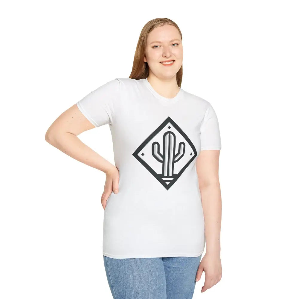 Woman in white cactus design T-shirt with blue jeans, eco-friendly, ultimate comfort, ring-spun cotton