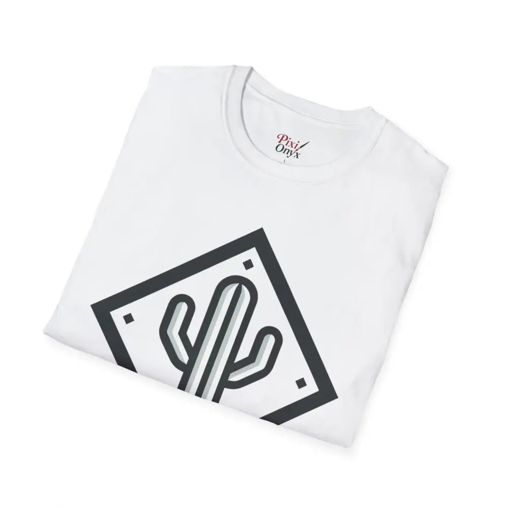 White cotton T-shirt with black gray cactus graphic, eco-friendly, ultimate comfort, ring-spun cotton