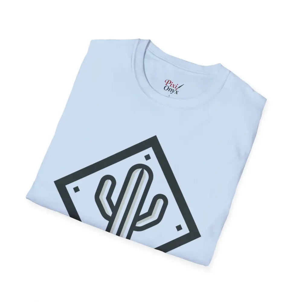 Light blue Cactus Adventure unisex t-shirt with black and white cactus graphic made from ring-spun cotton for ultimate comfort and reduced fabric waste