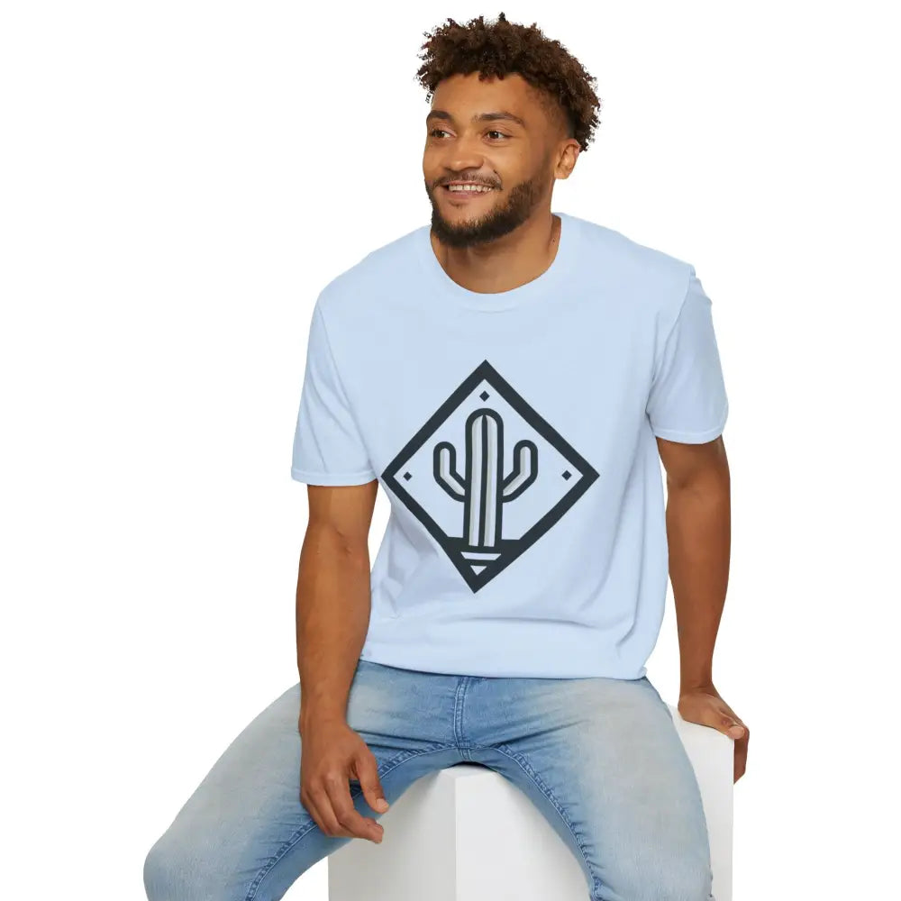 Light blue unisex softstyle T-shirt with dark cactus graphic, eco-friendly, ultimate comfort