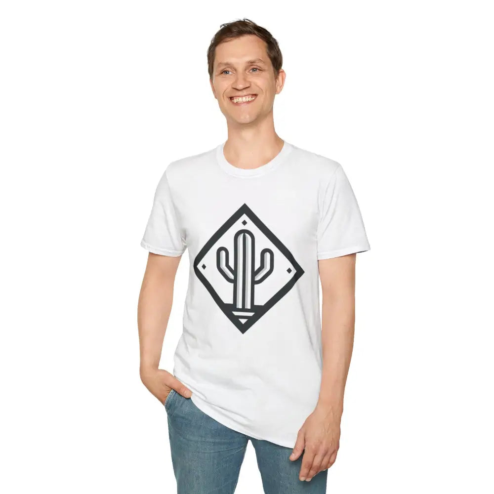 Smiling man in white t-shirt and blue jeans showcasing Cactus Adventure Unisex Softstyle Tee with ultimate comfort and ring-spun cotton