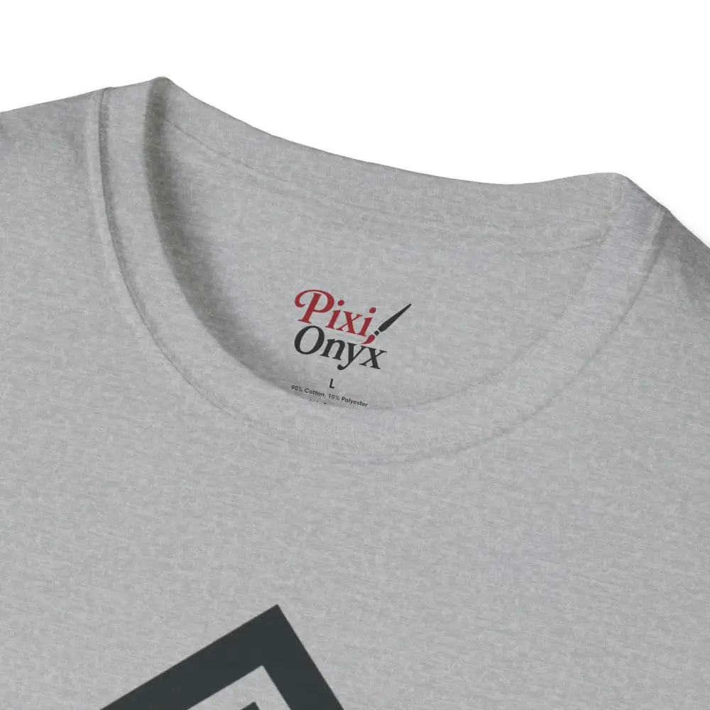 White heathered short-sleeved T-shirt with scoop neck and dark graphic design, eco-friendly and comfortable