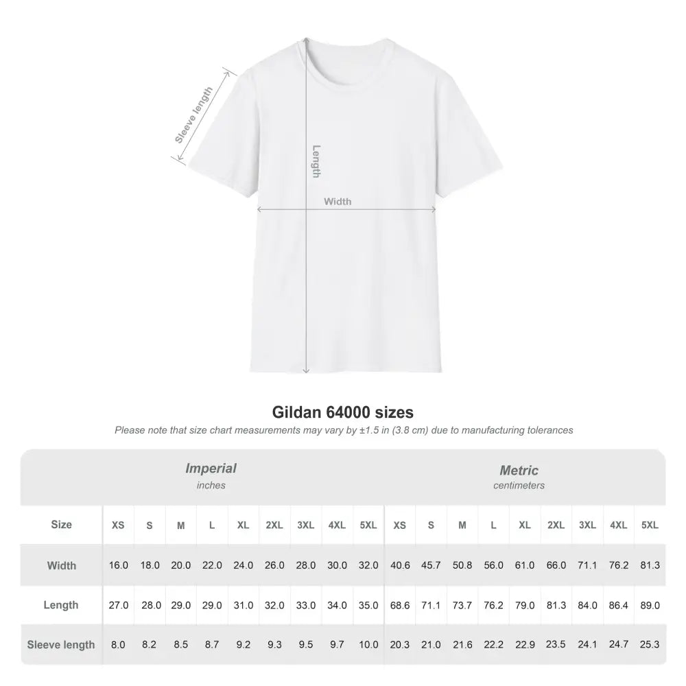 White T-shirt size chart with imperial and metric measurements for Cactus Adventure eco-friendly tee
