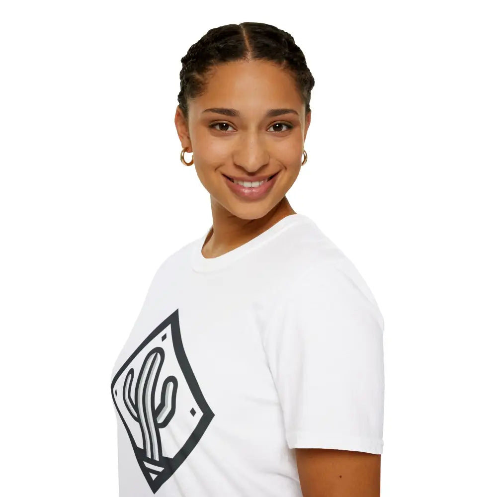 Woman in white cactus graphic T-shirt made from ring-spun cotton for ultimate comfort