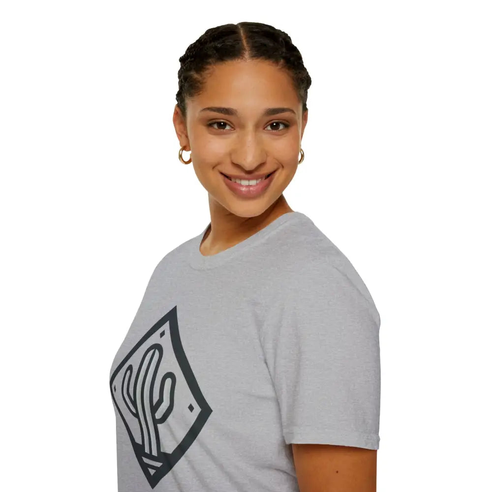 Smiling woman with braided hair wearing light gray Cactus Adventure T-Shirt made of ring-spun cotton for ultimate comfort and reduced fabric waste