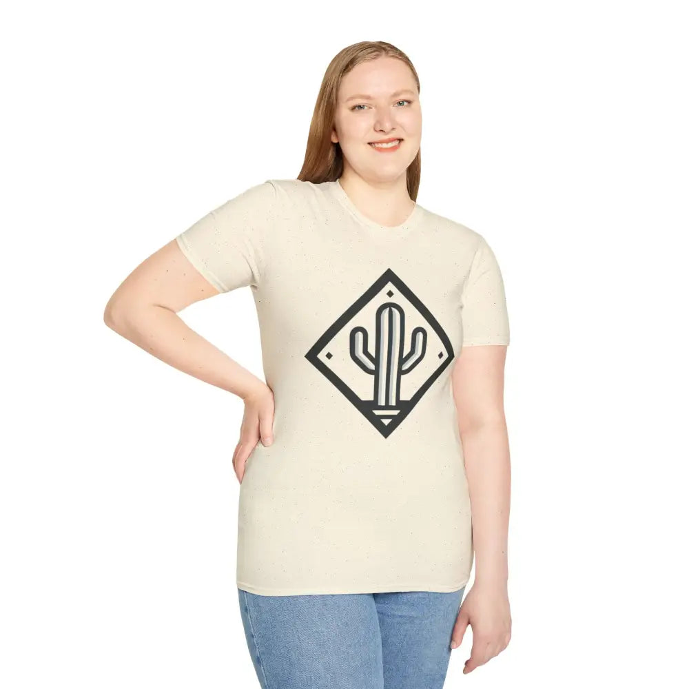 Plus-size woman wearing eco-friendly Cactus Adventure T-Shirt in ring-spun cotton for ultimate comfort