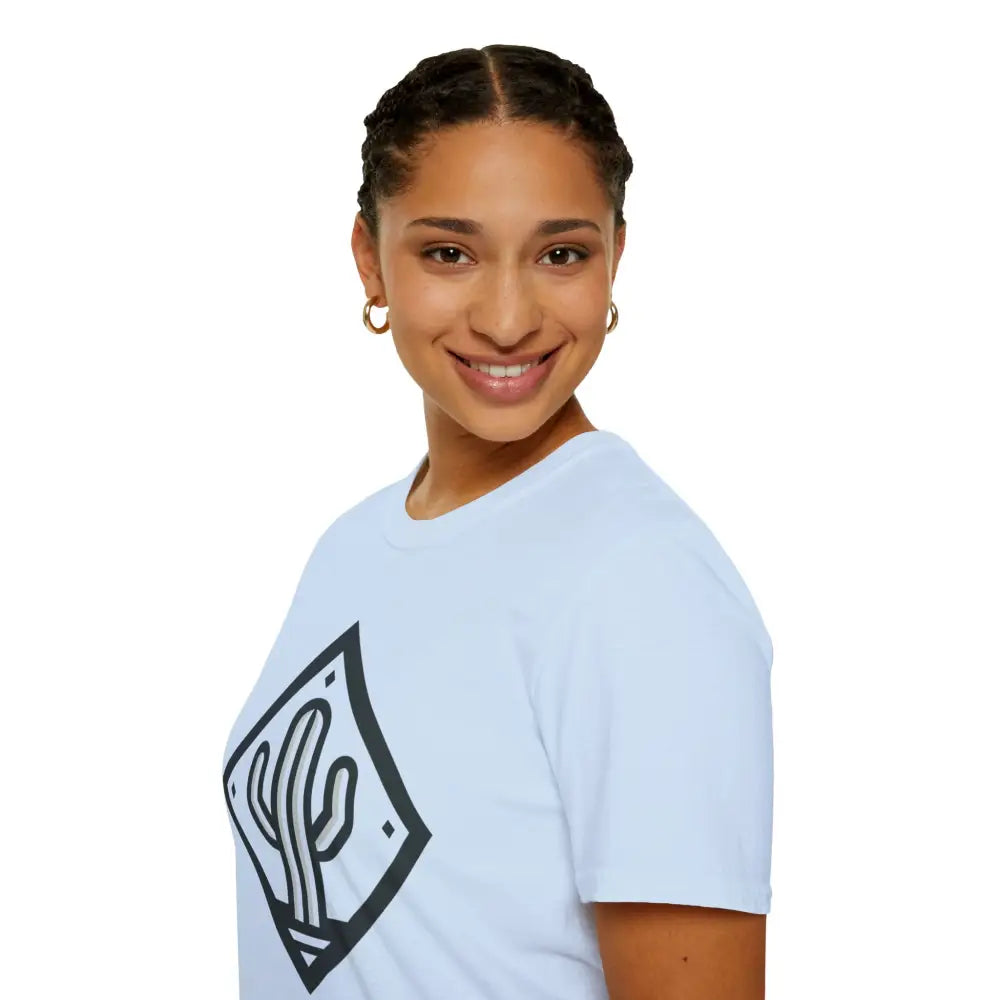 Smiling woman with braided hair wearing white Cactus Adventure unisex T-shirt made from ring-spun cotton for ultimate comfort and reduced fabric waste