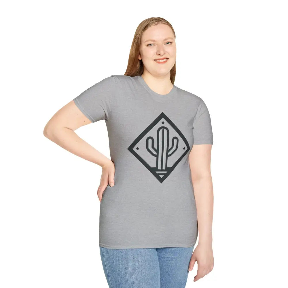 Woman wearing a gray cactus graphic T-shirt made of ring-spun cotton for ultimate comfort