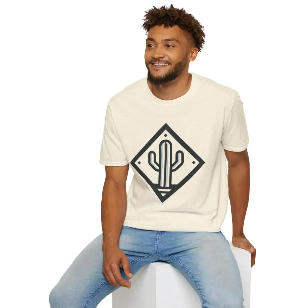 Man in light-colored cactus design T-shirt made of ring-spun cotton for ultimate comfort