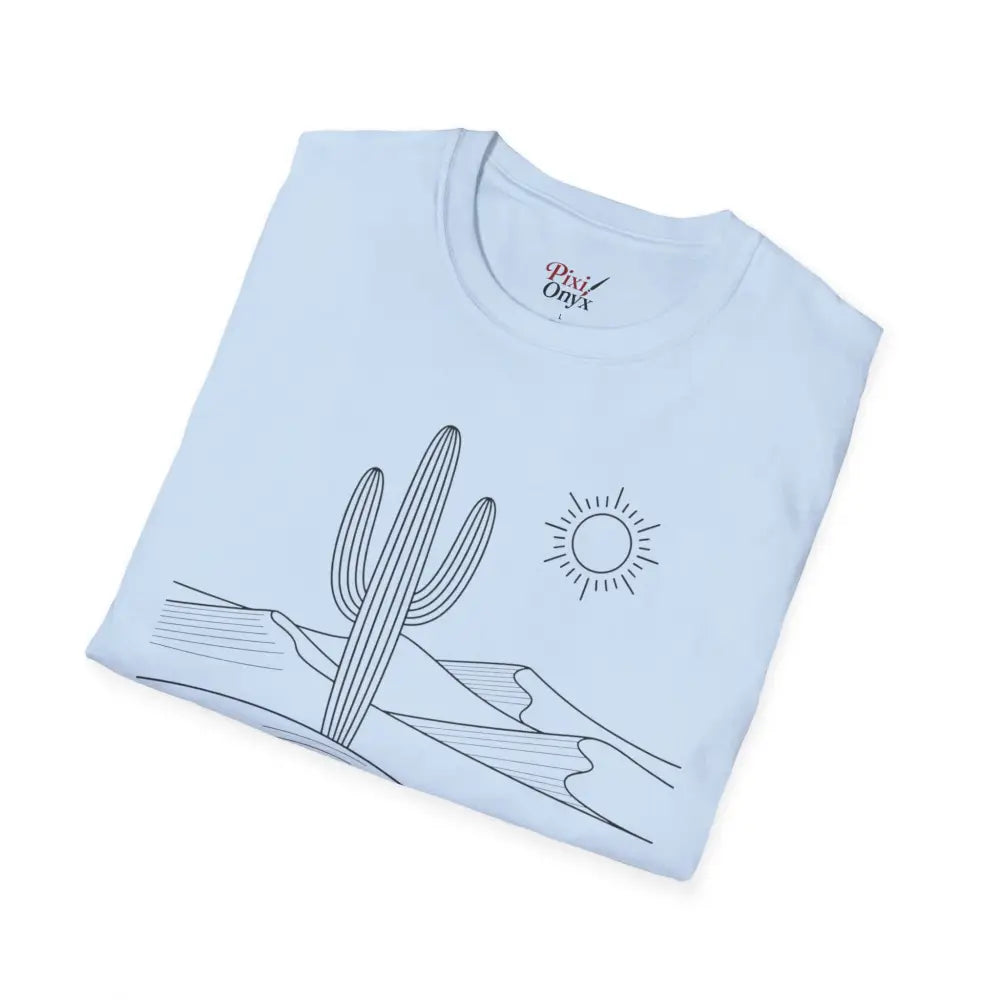 Light blue unisex t-shirt with desert landscape design featuring saguaro cactus and sun