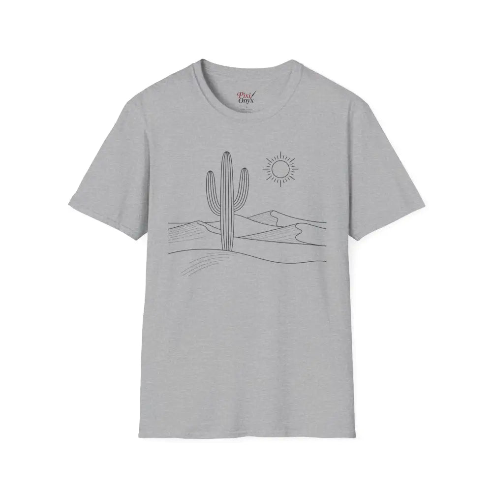 Light gray unisex t-shirt with desert cactus sun graphic, lightweight fabric, elastic collar