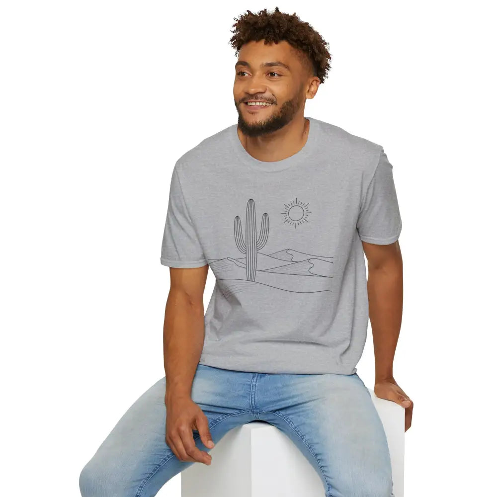 Man wearing a cactus desert graphic unisex t-shirt with lightweight fabric and elastic ribbed collar