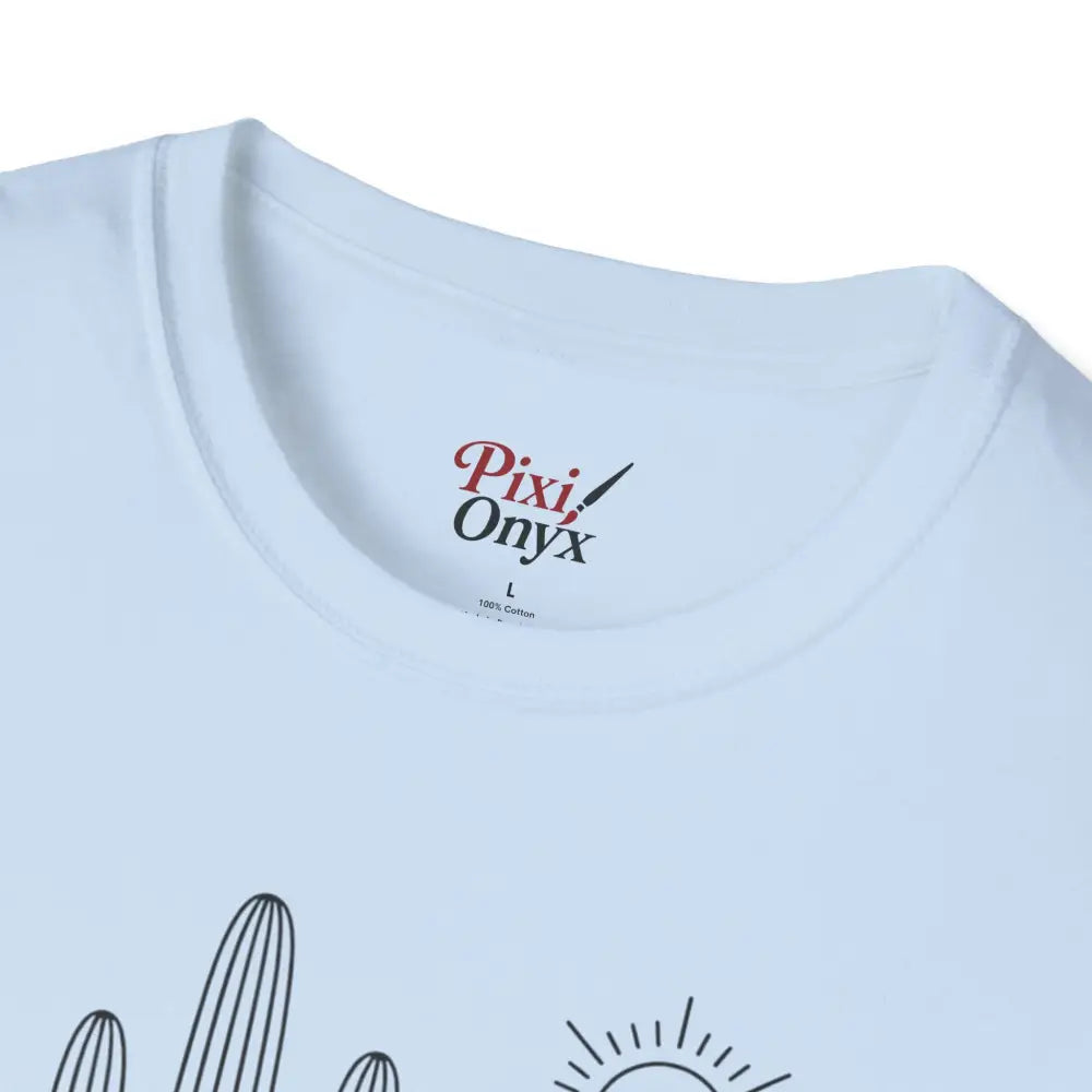 White unisex t-shirt with desert-themed graphic, lightweight fabric, and elastic ribbed collar