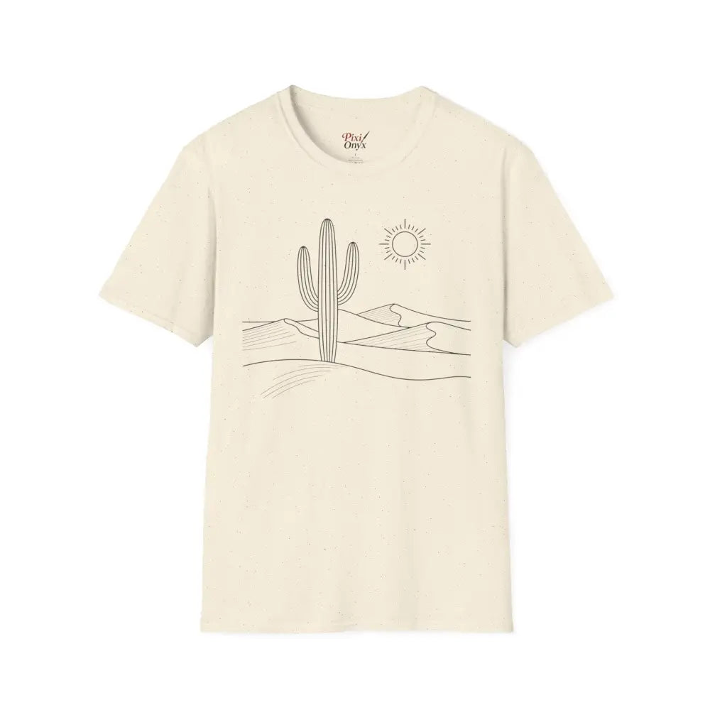 Cream-colored unisex t-shirt with desert landscape graphic, lightweight fabric, elastic ribbed collar