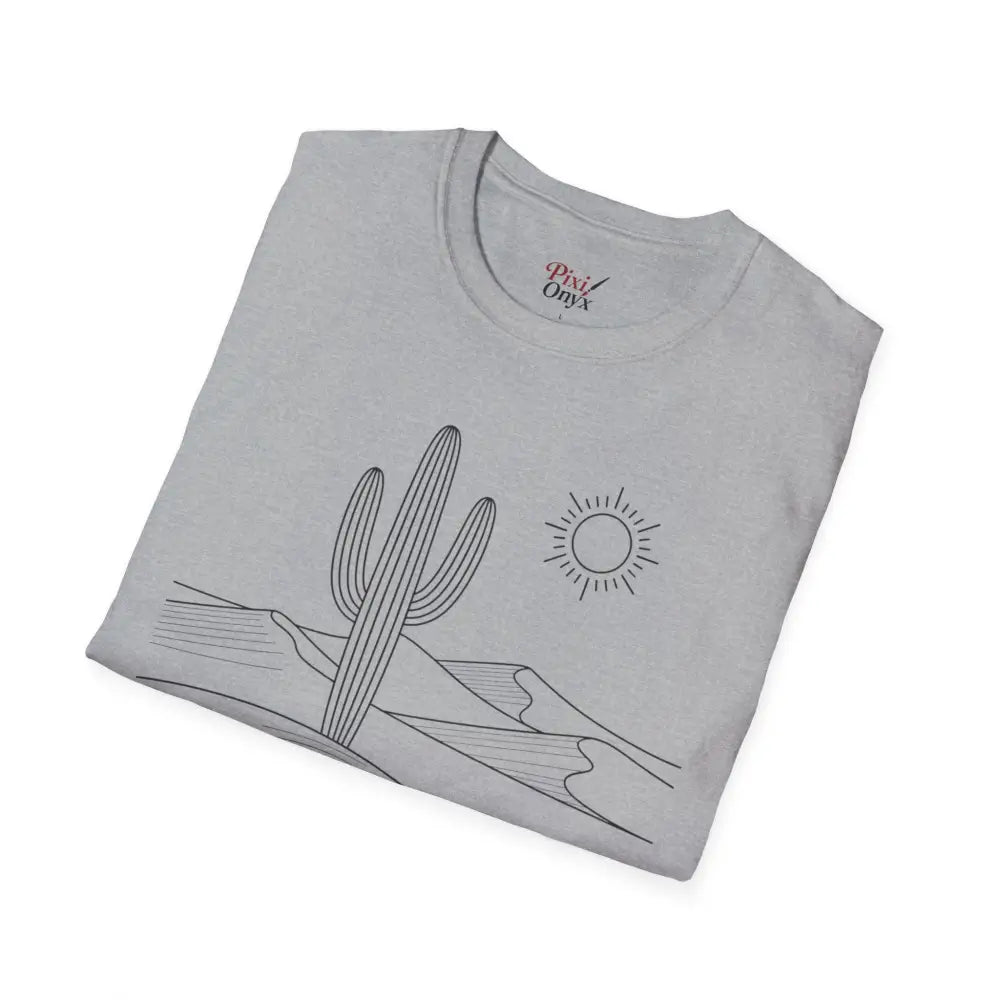 Light gray unisex t-shirt with desert line drawing, lightweight fabric suitable, elastic ribbed collar