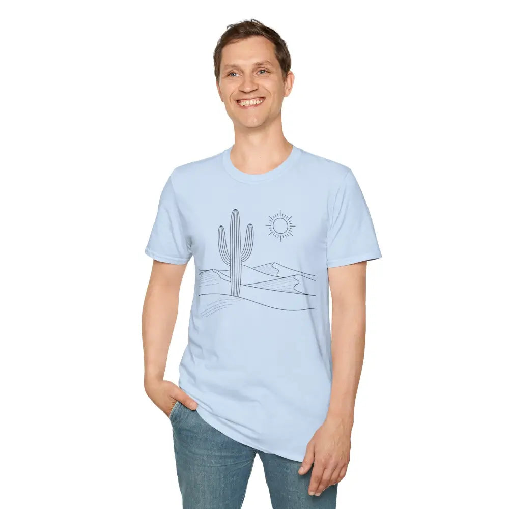 Light blue unisex t-shirt with desert landscape graphic, lightweight fabric, elastic ribbed collar