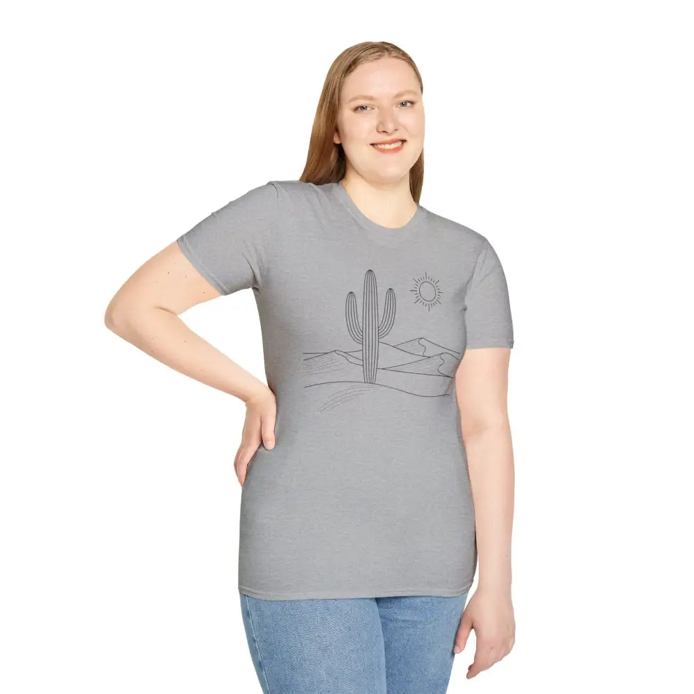 Light gray unisex t-shirt with desert landscape graphic, lightweight fabric suitable, elastic ribbed collar