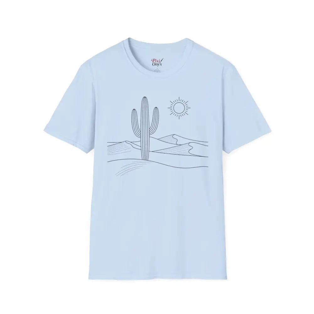 Light blue unisex t-shirt with desert scene graphic, lightweight fabric, elastic ribbed collar