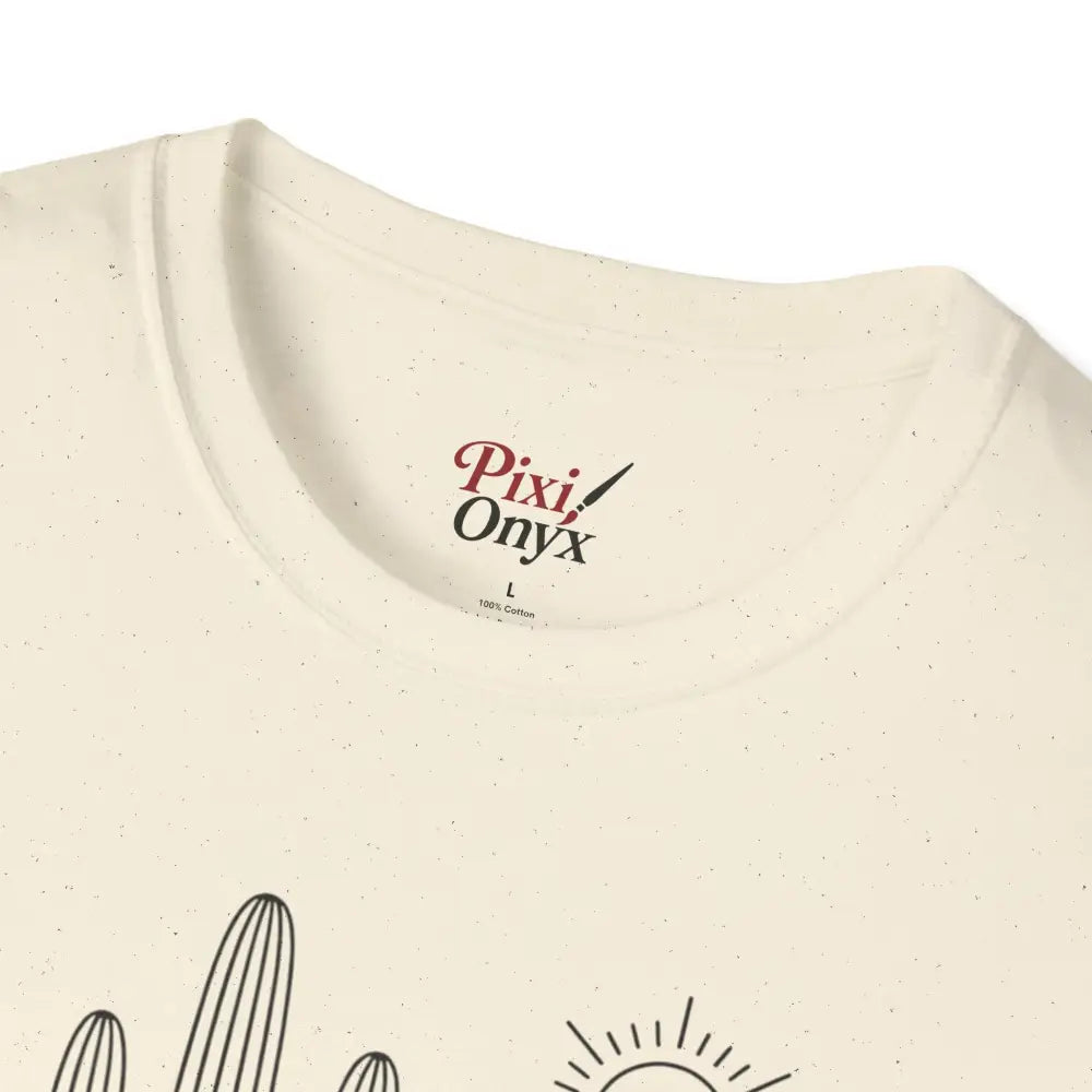 Cream-colored unisex t-shirt with elastic ribbed collar and tagless neck label