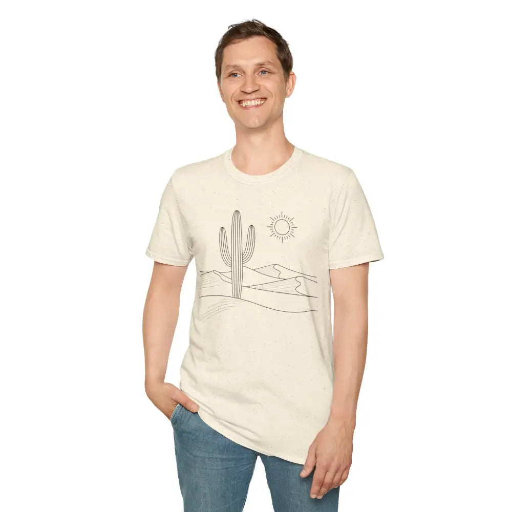 Unisex T-Shirt with desert landscape graphic, lightweight fabric suitable, elastic ribbed collar