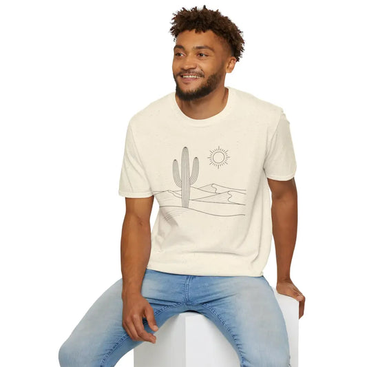 Men’s cream-colored unisex t-shirt with desert landscape graphic and elastic ribbed collar