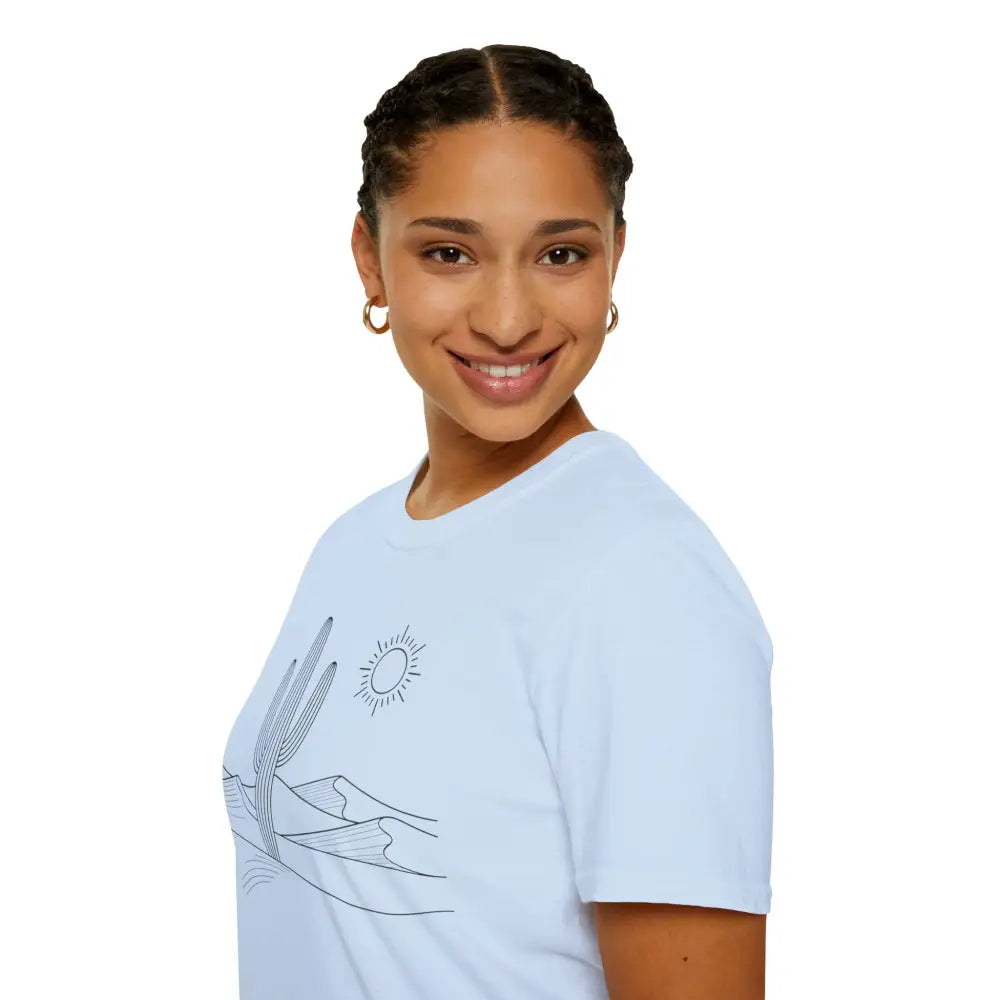 Light blue unisex t-shirt with desert scene graphic made from lightweight fabric and elastic ribbed collar