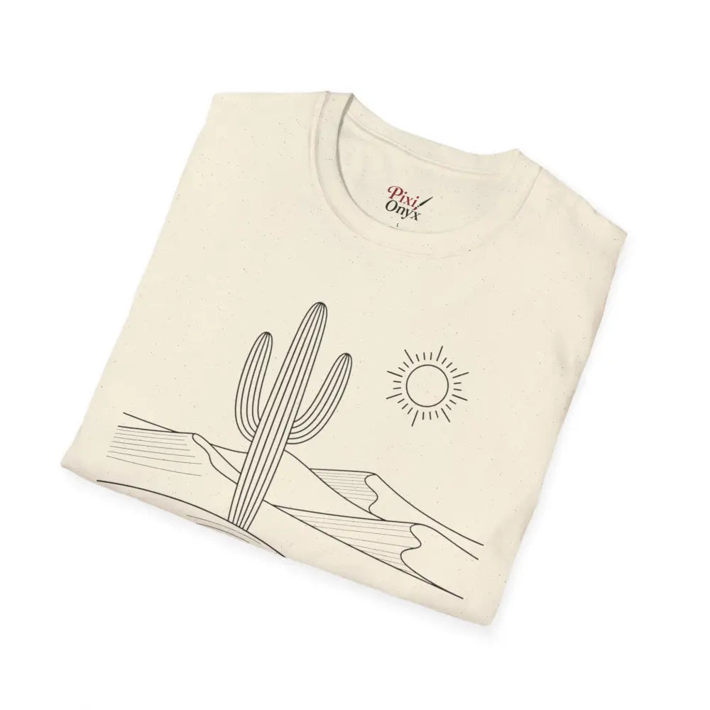 Cream-colored unisex t-shirt with desert scene graphic, lightweight fabric, and elastic ribbed collar