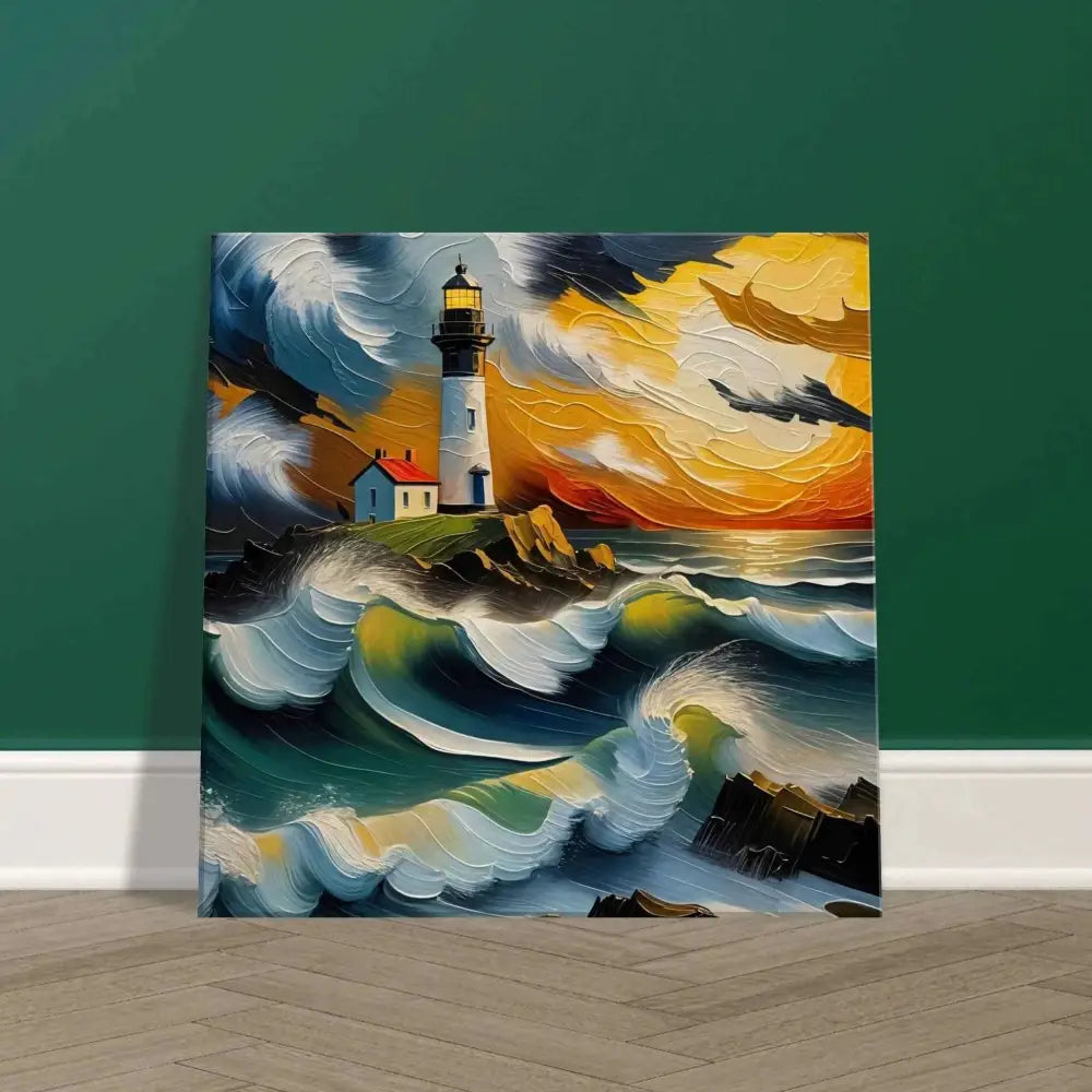 Textured PixiOnyx Oceanstorm Canvas depicting lighthouse, waves clash and fury beneath sunset