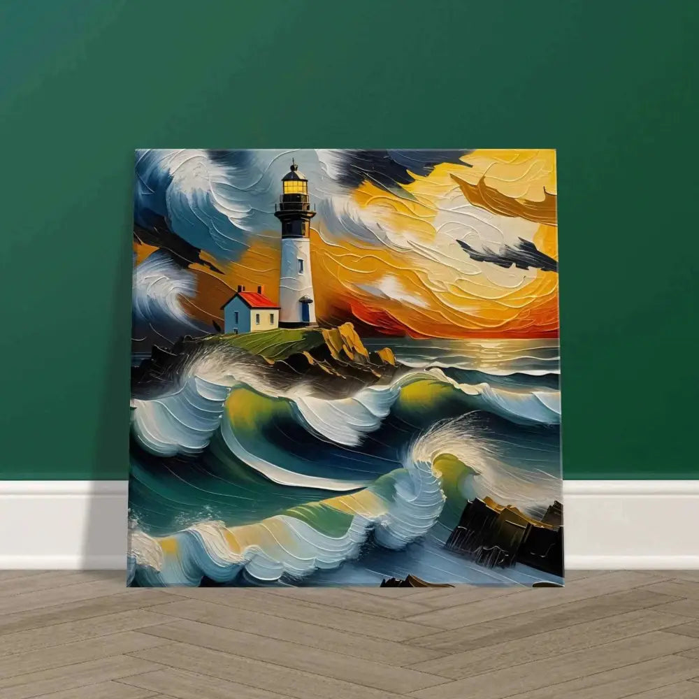 Textured oil painting of lighthouse by ocean at sunset on PixiOnyx Oceanstorm Canvas with waves clash and fury beneath