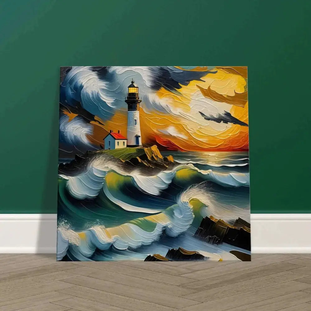 Textured PixiOnyx Oceanstorm Canvas of lighthouse with waves clash at sunset, fury beneath