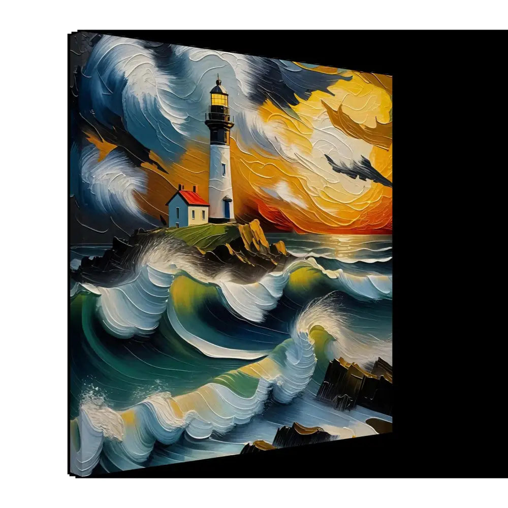 Textured impasto painting of a lighthouse on rocky coast with crashing waves under a dramatic sunset sky, part of PixiOnyx Oceanstorm Canvas series