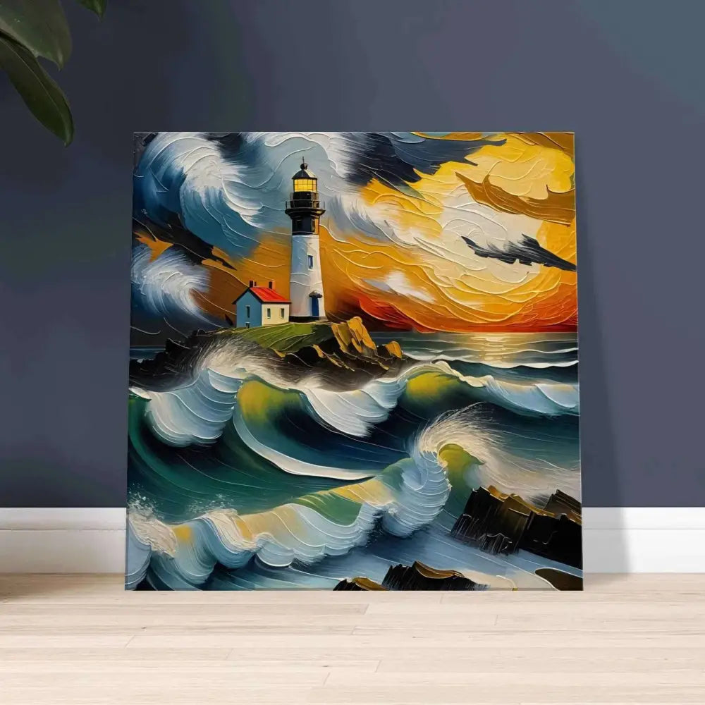 PixiOnyx Oceanstorm Canvas with lighthouse, waves clash, fury beneath a dramatic sunset