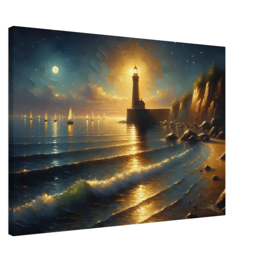 Coastal lighthouse painting on Canvas – Beacon of the Quiet Tide by PixiOnyx Painterly Dreamscape