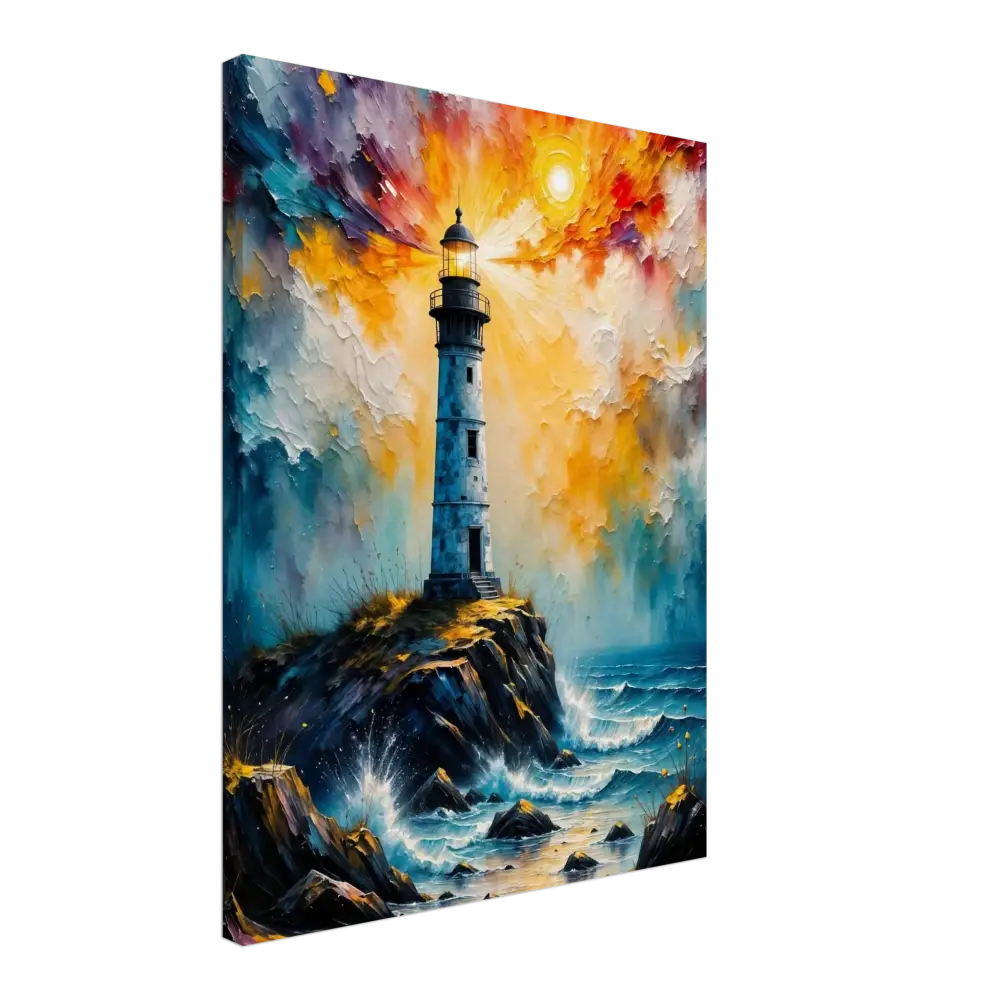 Impressionistic abstract lighthouse scene on gsm artist-grade cotton with storm breaks loose sky