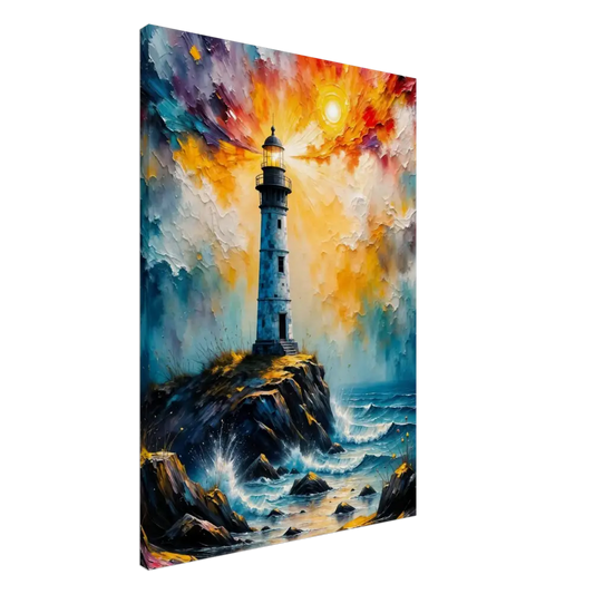 Vibrant abstract lighthouse scene on storm breaks loose rocky coast canvas by PixiOnyx