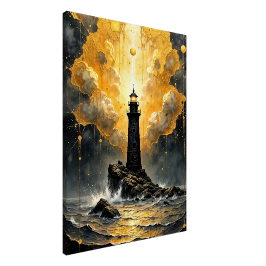 Gallery-wrapped canvas captures storm-charged beacon emerges on rocky outcrop in golden sea