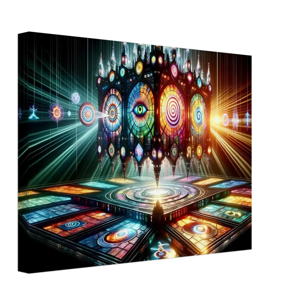 Colorful stained-glass temple from Canvas – Cathedral of the Mind’s Eye PixiOnyx display