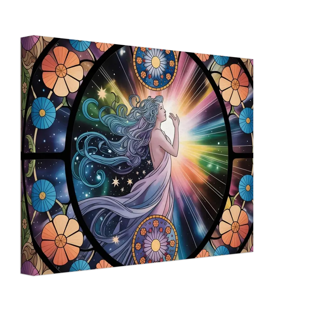 Stained-glass-style celestial woman art displayed on Canvas Celestial Bloom by PixiOnyx