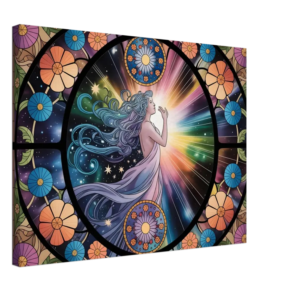 Celestial woman stained glass art on Canvas Celestial Bloom PixiOnyx Cosmic Cloth Display