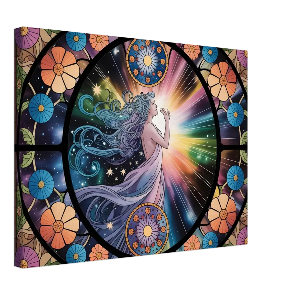 Stained-glass-style celestial woman on Canvas – Celestial Bloom PixiOnyx Cosmic Cloth Display