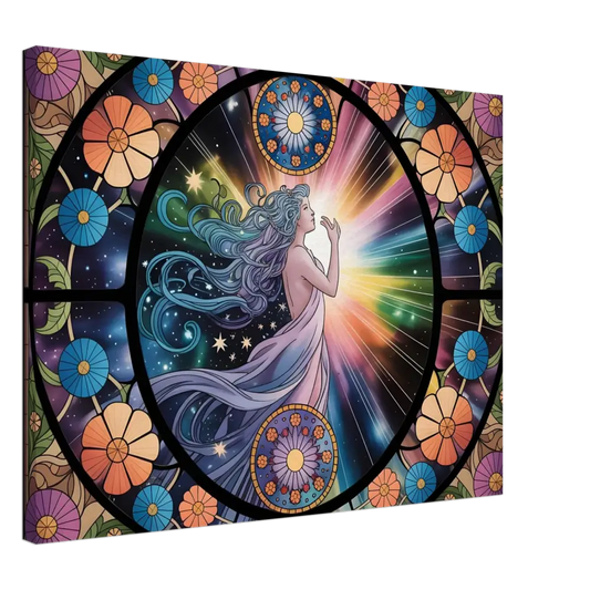 Stained-glass-style celestial woman illustration on Canvas – Celestial Bloom PixiOnyx Cosmic Cloth Display