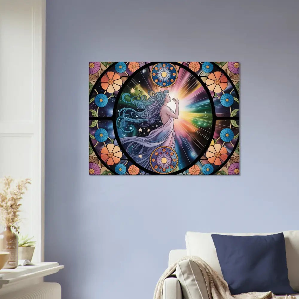 Colorful floral stained-glass artwork on Canvas Celestial Bloom PixiOnyx Cosmic Cloth Display