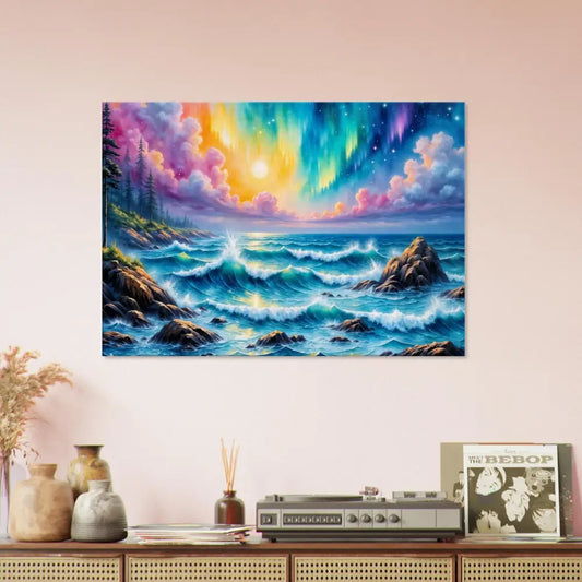 Vibrant celestial tide fantasy painting of aurora ocean with crashing waves for walls breathe