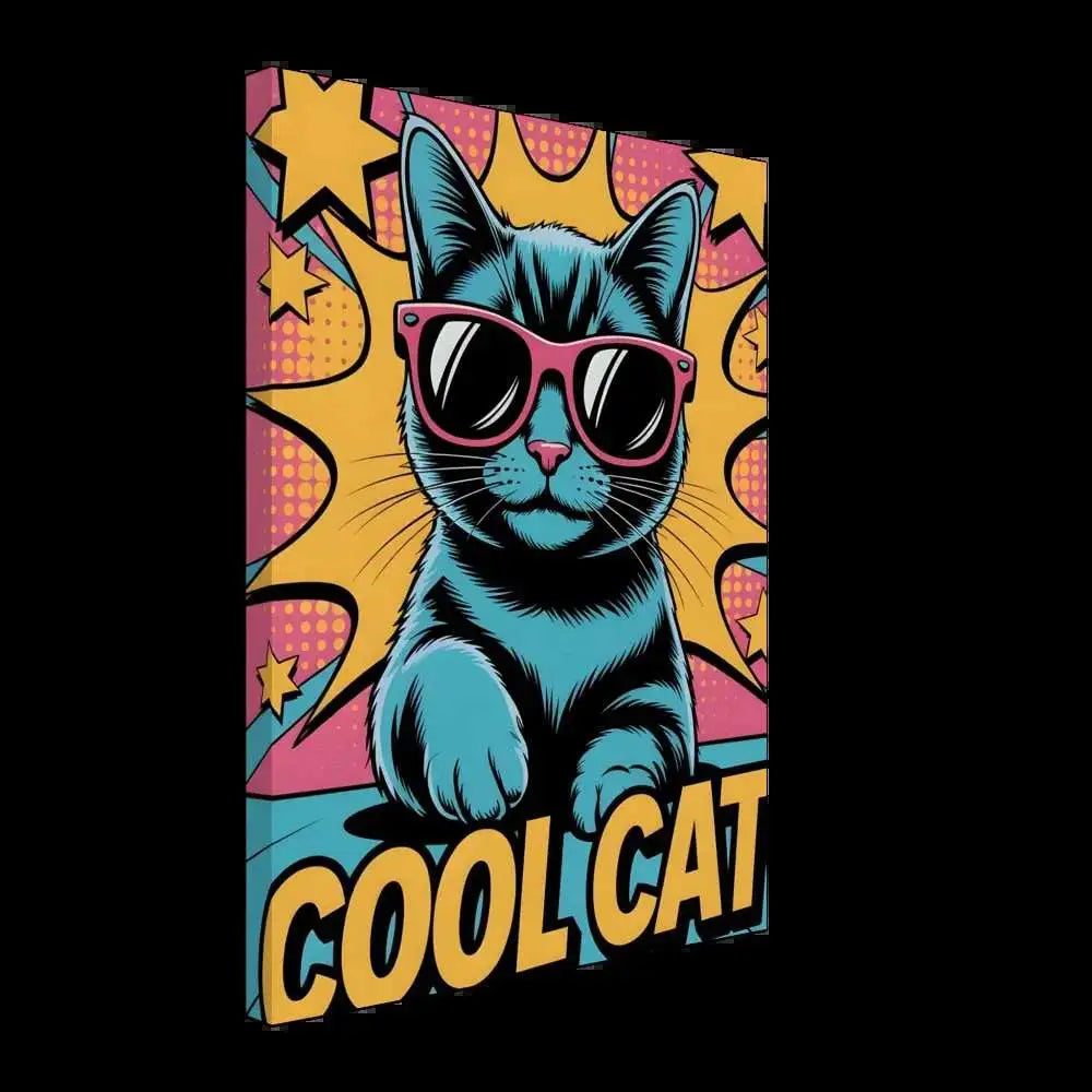 Pop art blue cat canvas print with pink sunglasses on artist-grade cotton-poly canvas