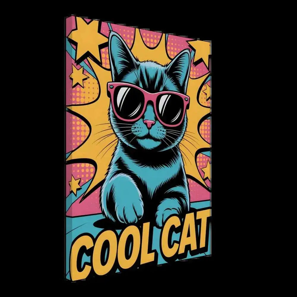 Pop art style blue cat canvas print with pink sunglasses on artist-grade cotton-poly canvas