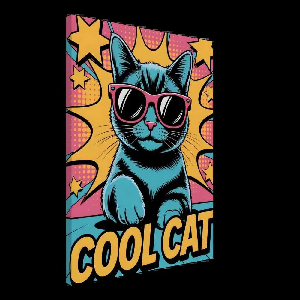 Pop art style canvas print of a cool blue cat with pink sunglasses on artist-grade cotton-poly canvas