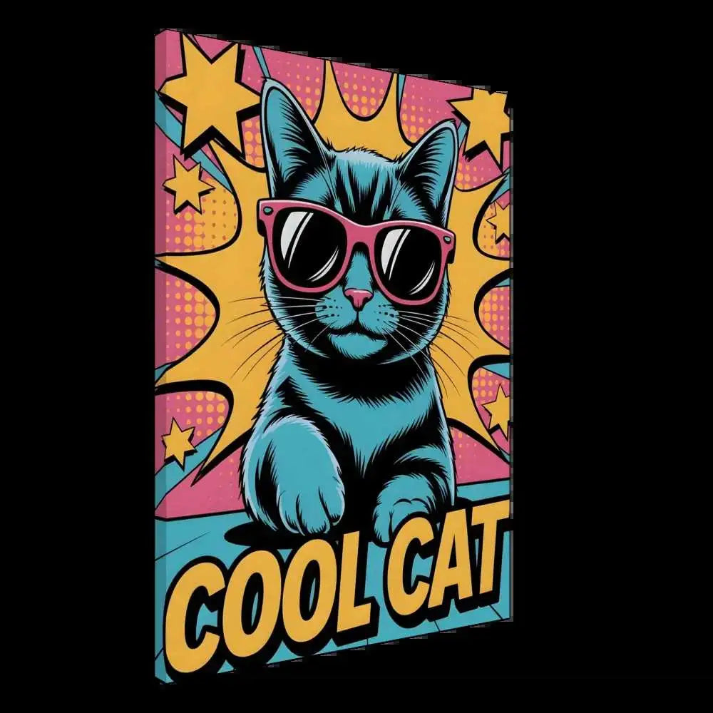 Pop art blue cat illustration on artist-grade cotton-poly canvas for PixiOnyx Purrfect Comic Display